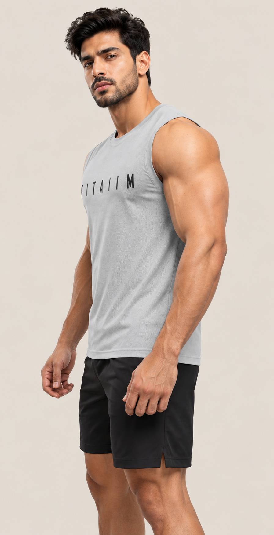 A muscular man wearing a light gray sleeveless tank top with 'FITAIIM' printed across the chest and black athletic shorts, standing against a solid light beige background.