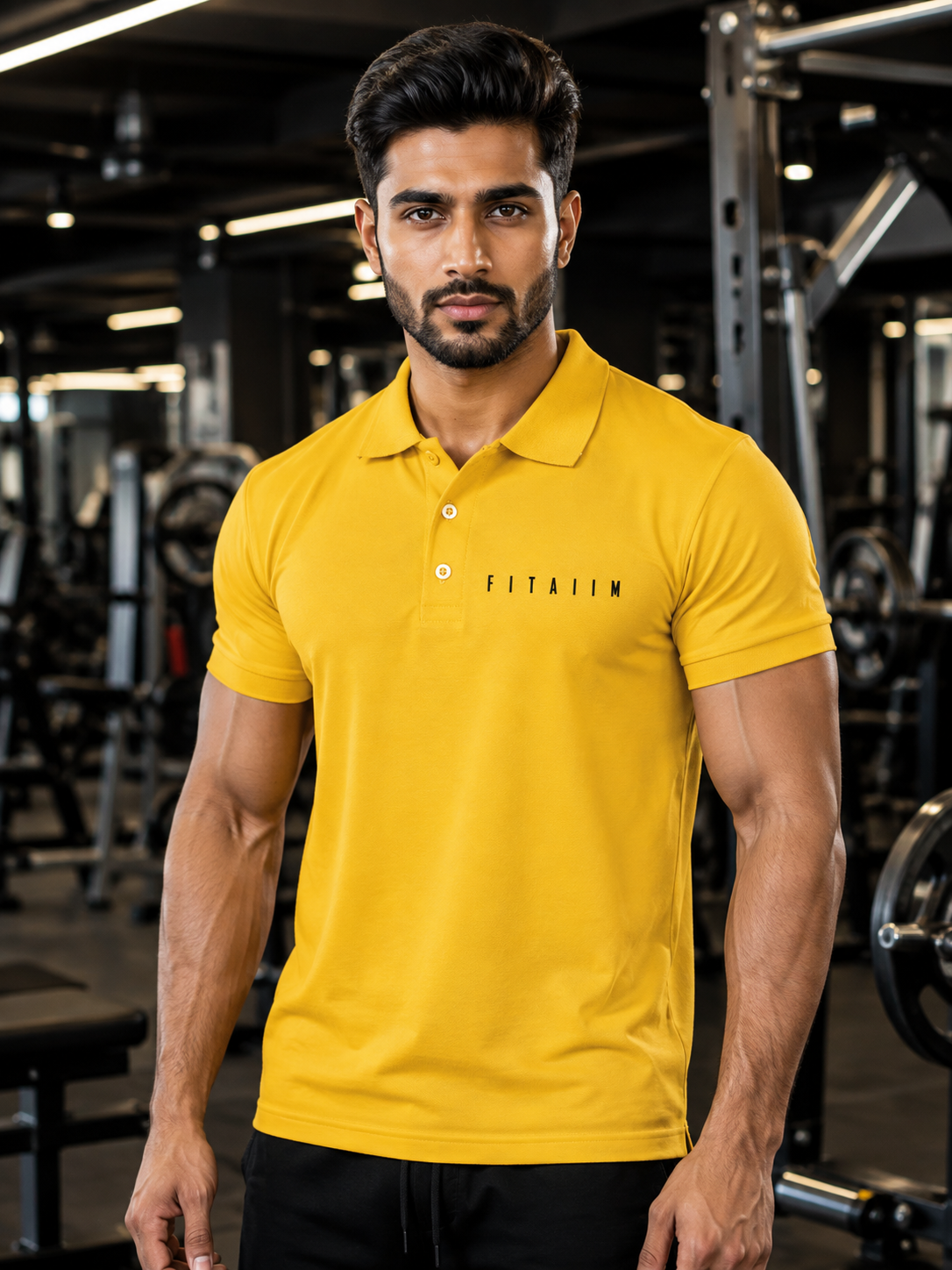 A muscular man in a gym wearing a bright yellow polo shirt with 'FITAIIM' printed in black on the chest, paired with black pants.