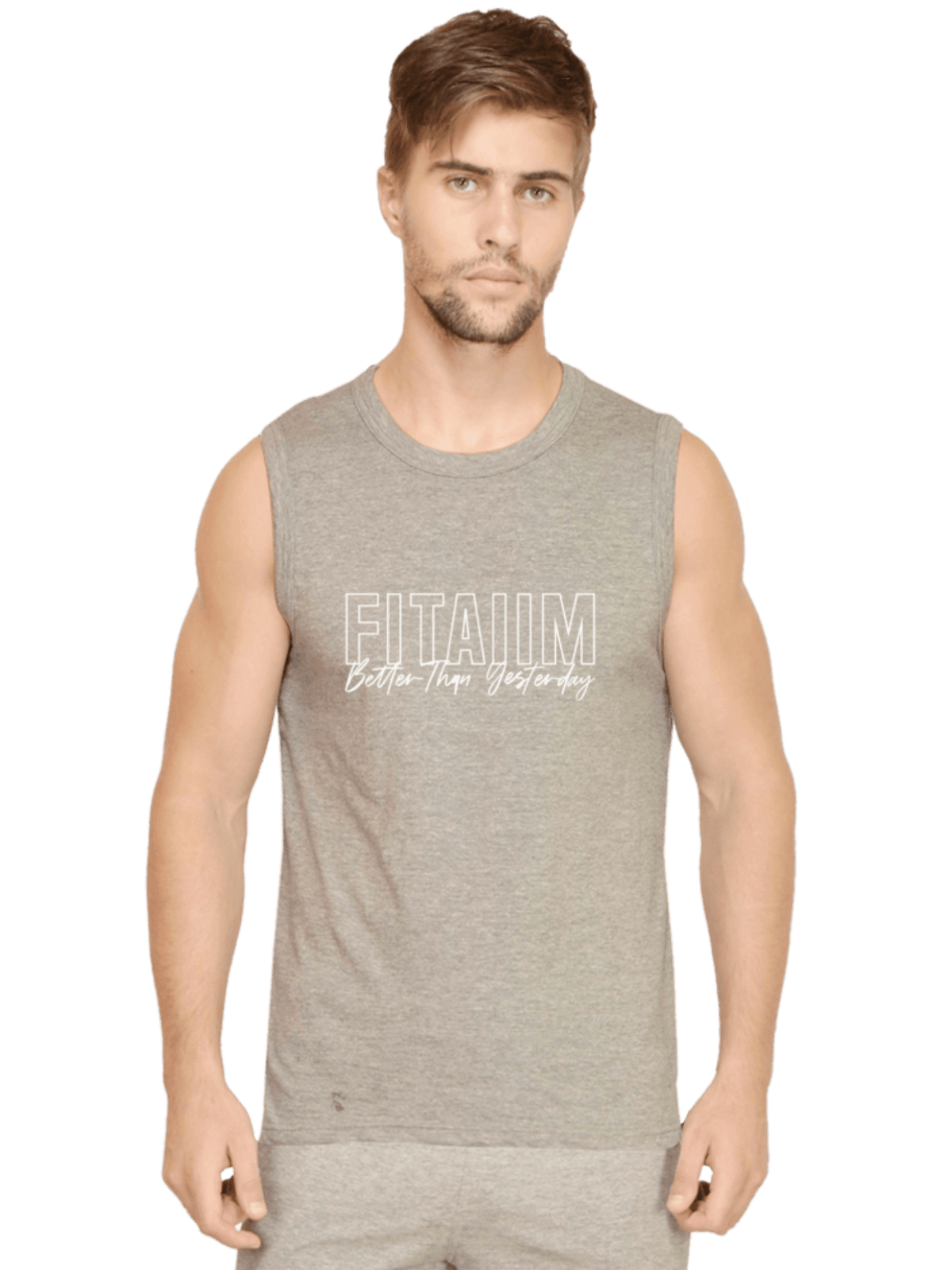Round Neck Sleeveless Men Tank Grey - Fitaiim