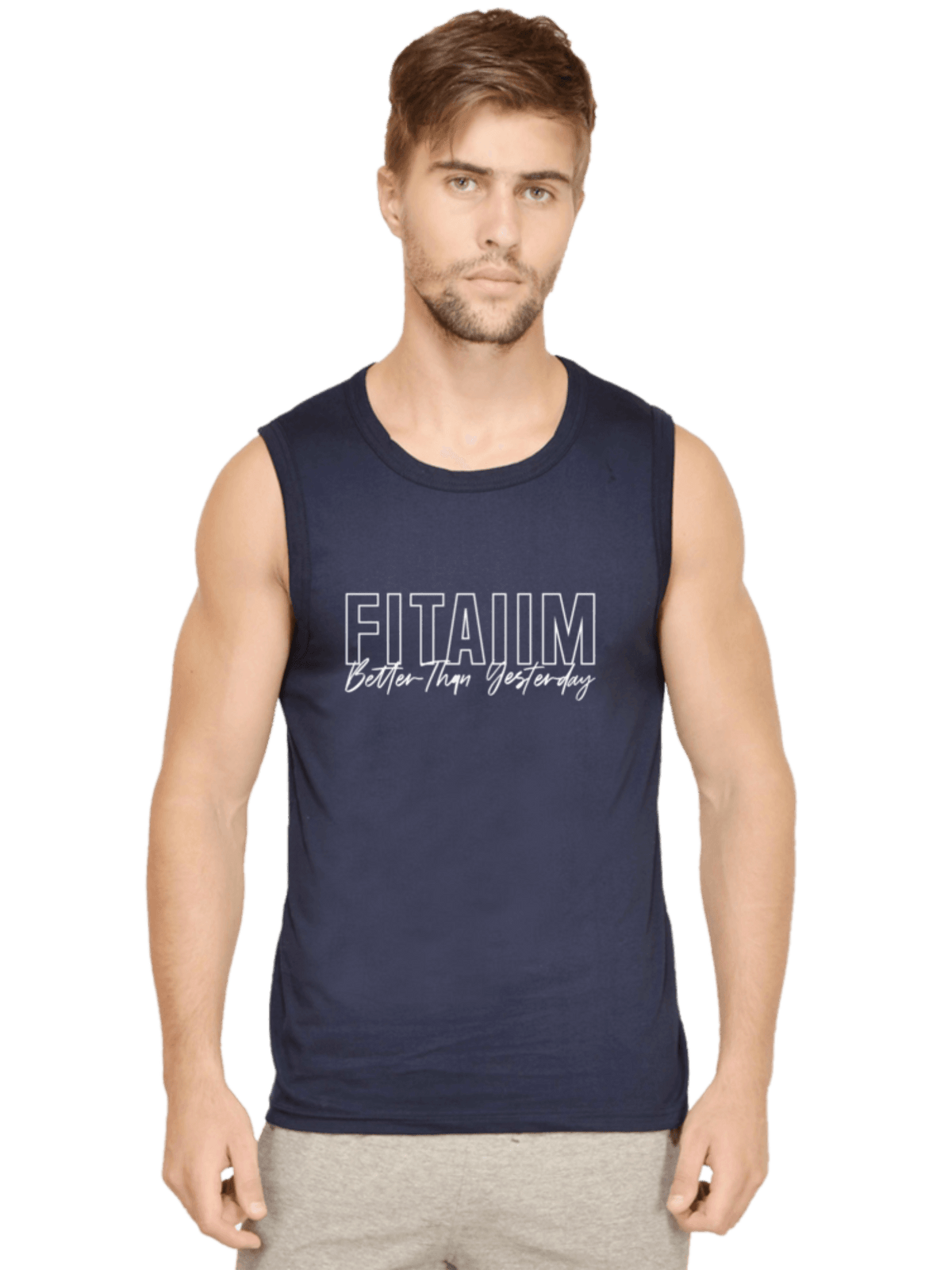 Round Neck Sleeveless Men Tank Navy Blue - Fitaiim