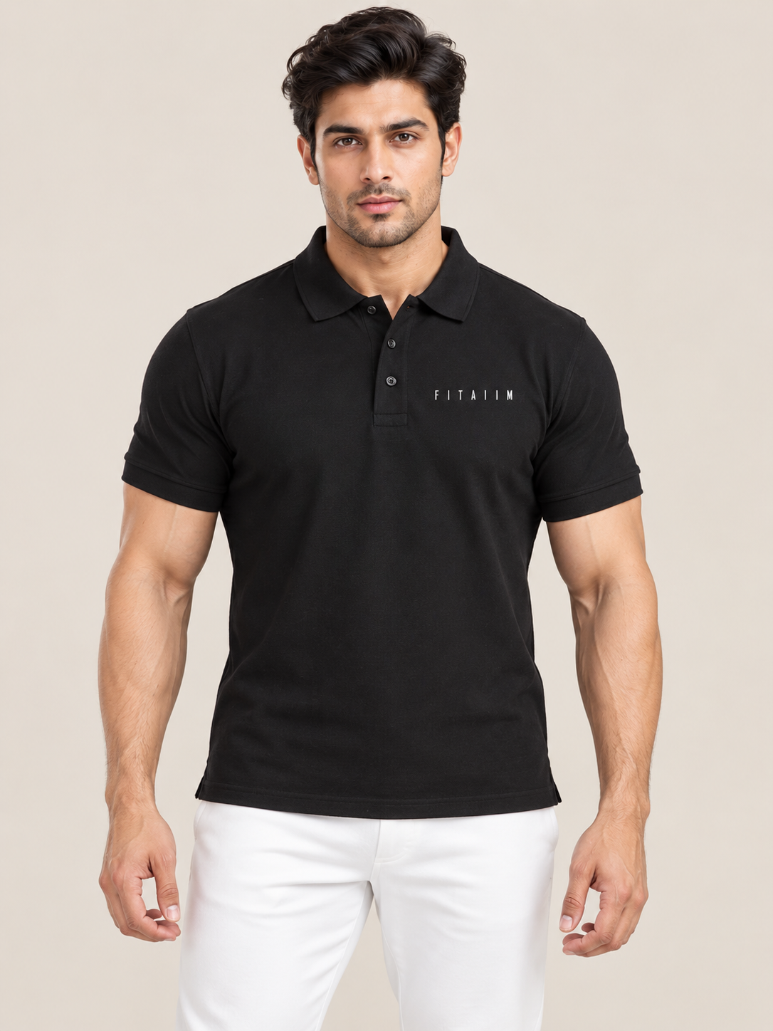 A man modeling a BLACK short-sleeve polo shirt with 'FITAIIM' printed on the chest, paired with black joggers and white sneakers, against a solid beige background.