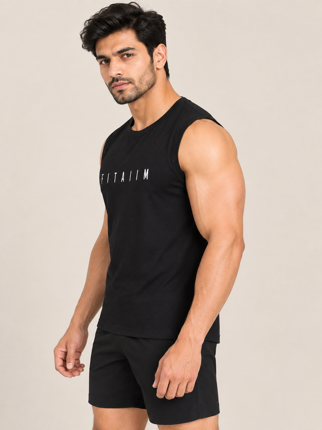 A muscular man wearing a black sleeveless athletic tank top with 'FITAIIM' printed in white across the chest, paired with black athletic shorts, against a solid light beige background.