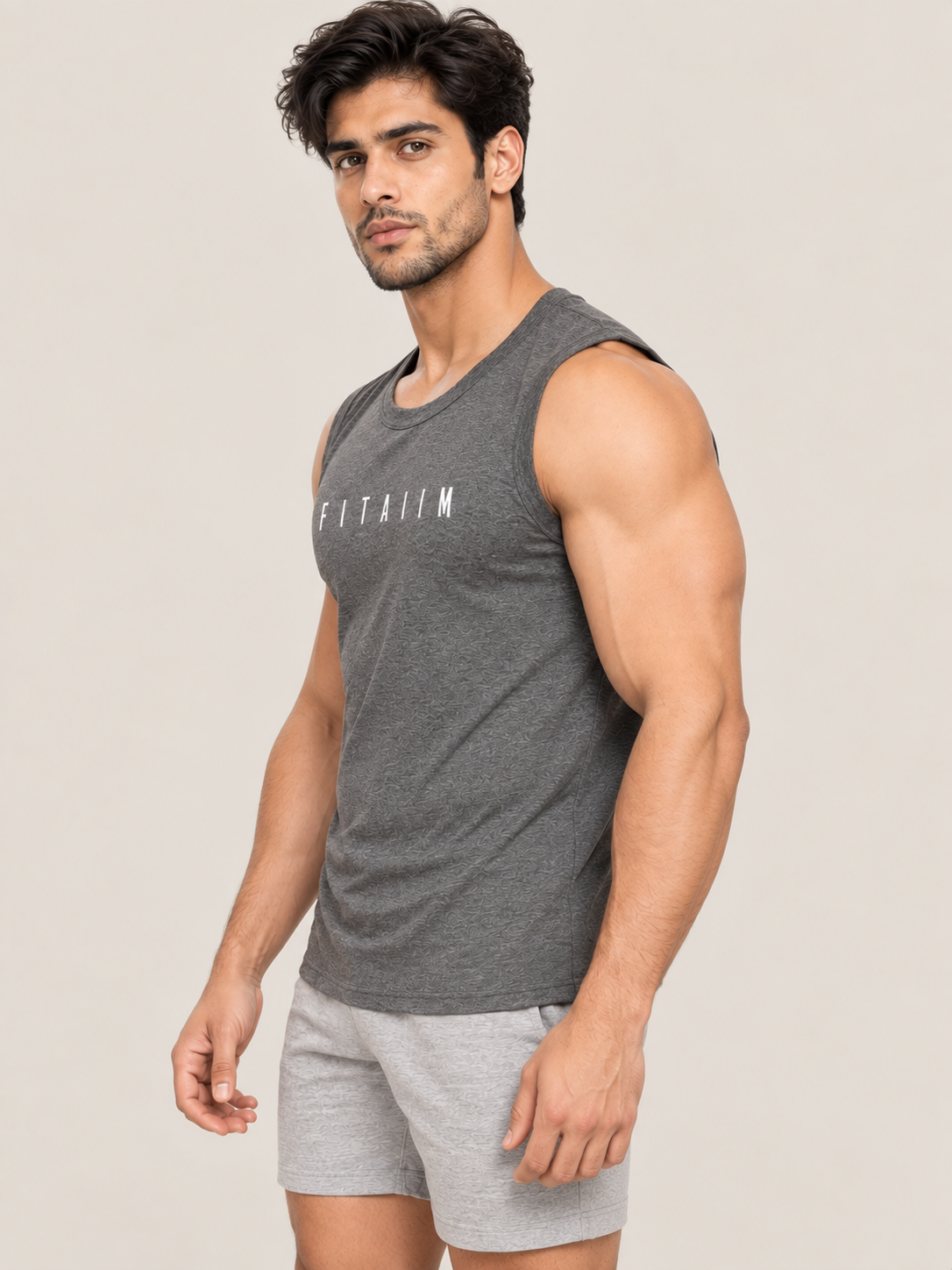A muscular man wearing a dark gray sleeveless tank top with 'FITAIIM' printed in white across the chest, paired with light gray athletic shorts, photographed against a solid light beige background.