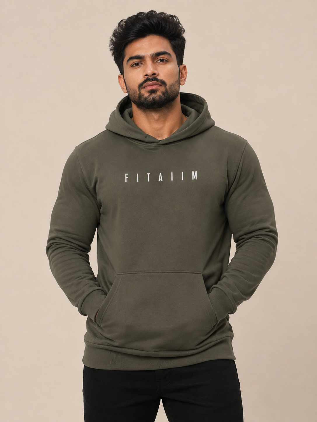 A man wearing an olive green pullover hoodie with the brand name 'FITAIIM' printed in white across the chest, paired with black pants, set against a plain beige studio background.