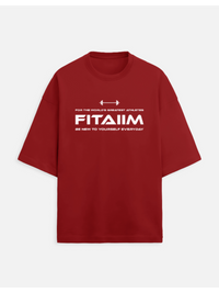 Red t-shirt with white text on a white background