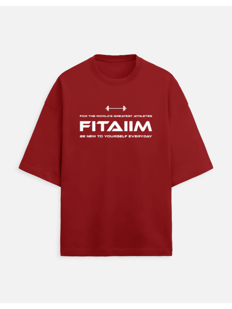 Red t-shirt with white text on a white background