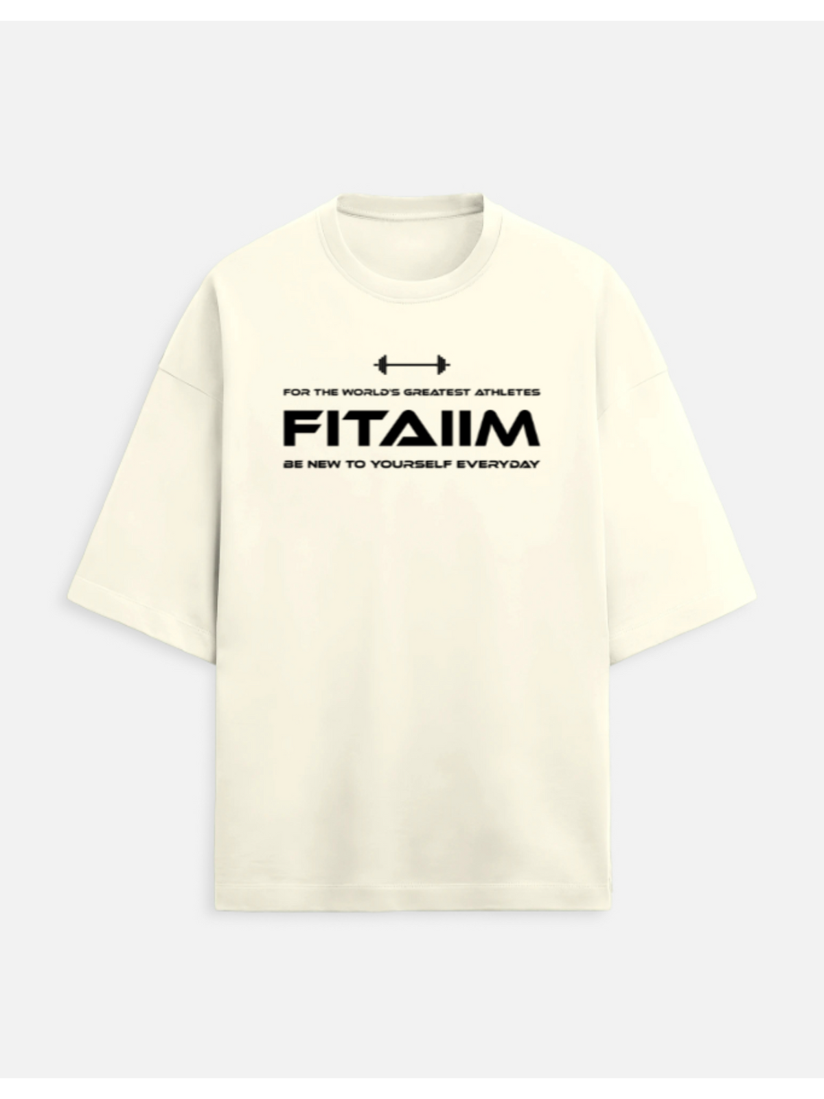 Beige t-shirt with black text on a white background