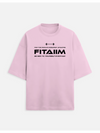 Pink t-shirt with black text on a white background